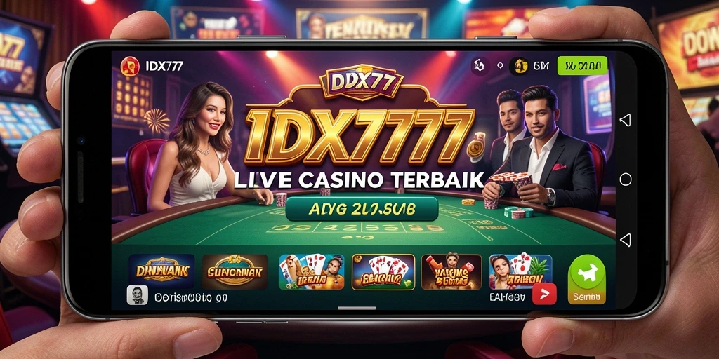 Screenshot utama IDX777 menampilkan dealer langsung dalam permainan Live Casino yang mendebarkan.
