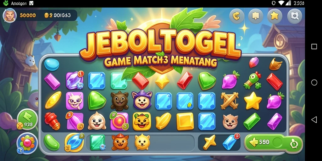 Screenshot JEBOLTOGEL menampilkan gameplay match-3 yang seru dan penuh warna.