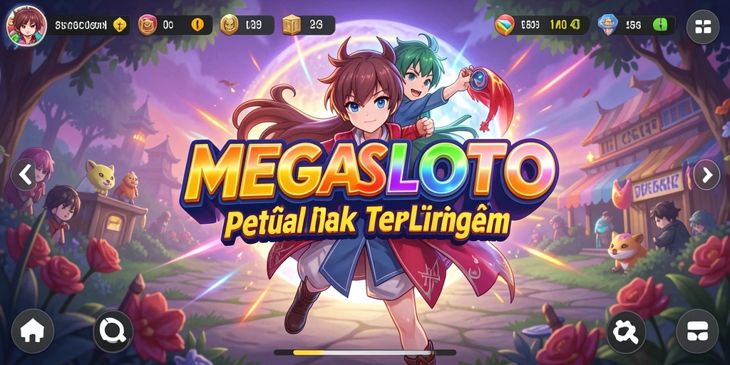Tampilan gameplay seru MEGASLOTO dengan karakter anime beraksi.